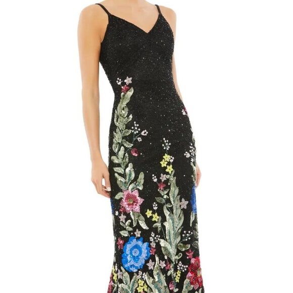 Ieena Mac Duggal Black Multi Beaded Sequin Floral Garden Trumpet Gown